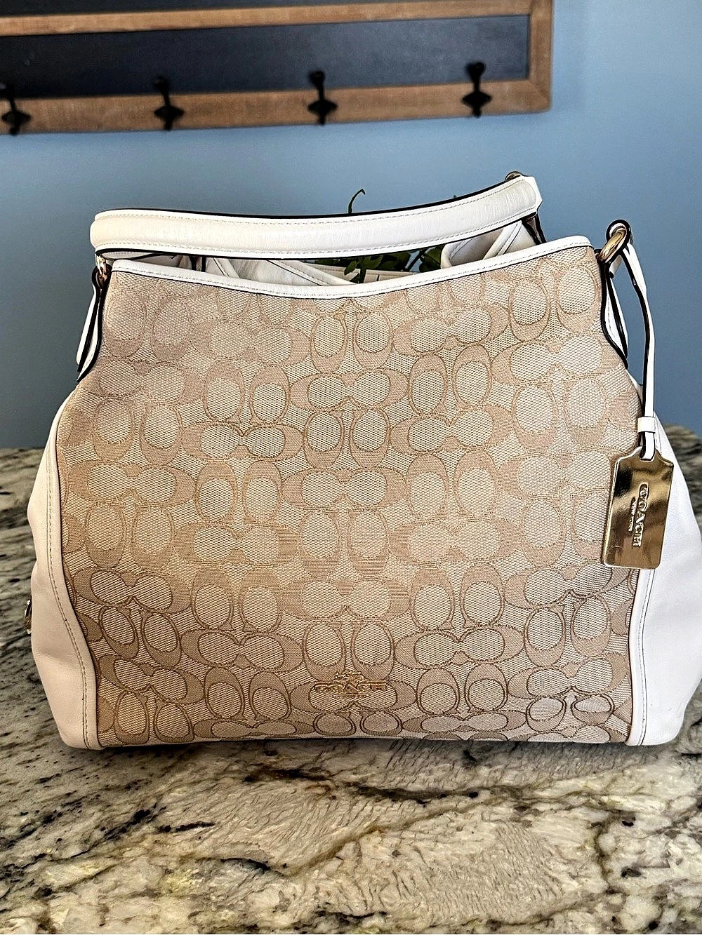 Coach Edie 31 Signature Jacquard Shoulder Bag Light Khaki Chalk Gold